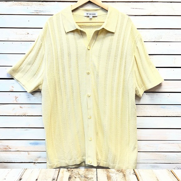 Stacy Adams Other - Stacy Adams Yellow Acrylic Knit Polo Button Up Retro Pointelle Shirt 3XL